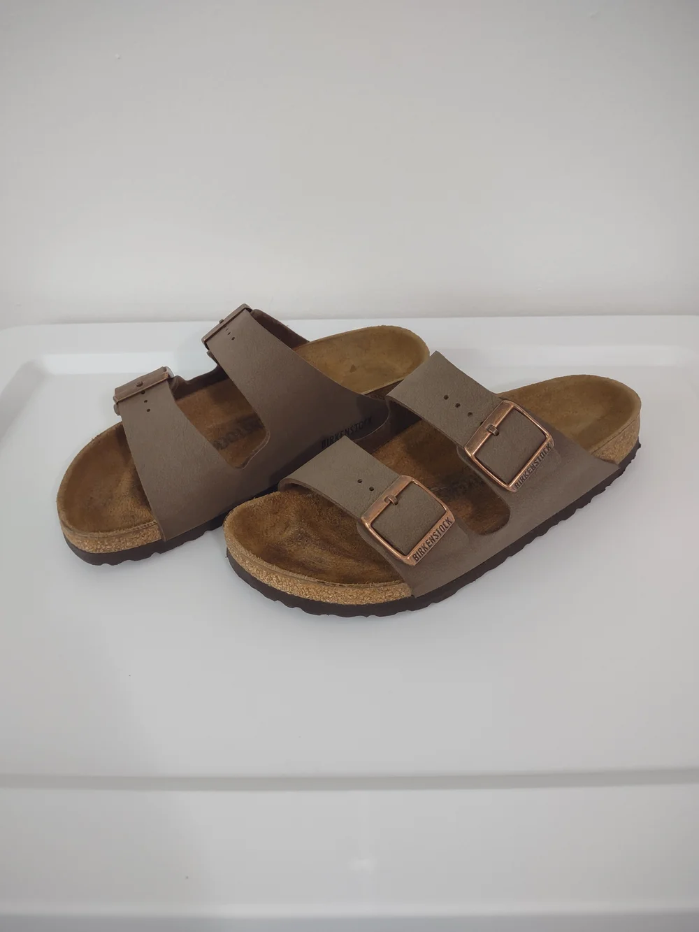 Birkenstock Double-Strap Sandals in Taupe with Rose Gold Buckles 38 Regular